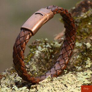 Men’s Brown Braided Leather 6" & 6.5" Wrist Antique Copper Clasp Handmade